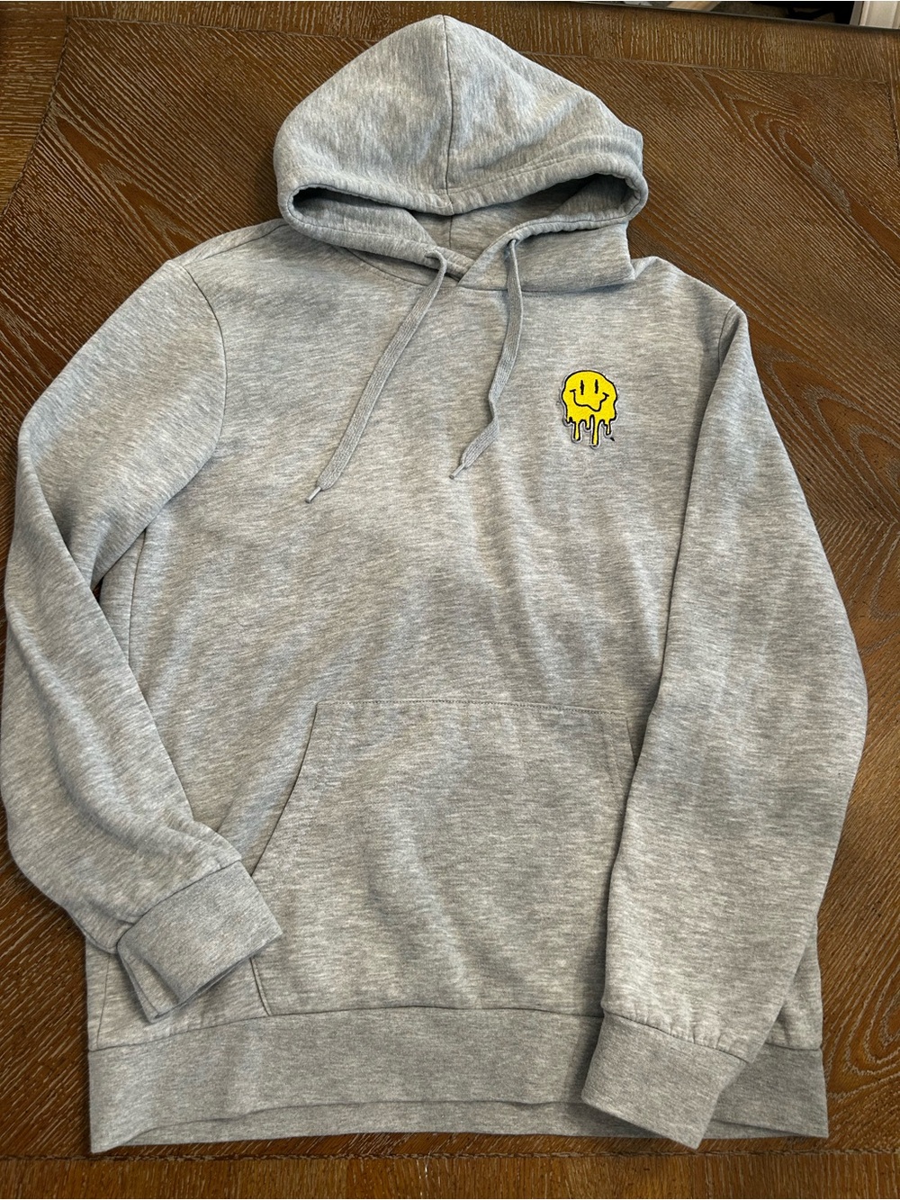 Retrofit Gray Crewneck Hoodie with Yellow Drip Smile Graphic